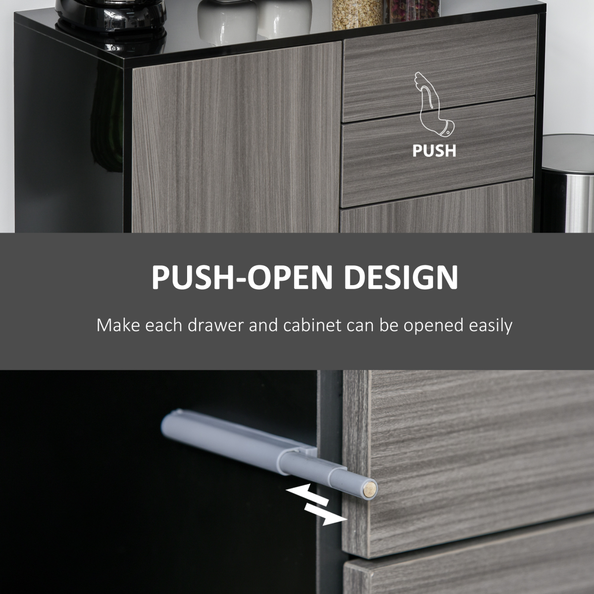 Side Cabinet with 2 Doors and 2 Drawers for Home Office, Grey and Black