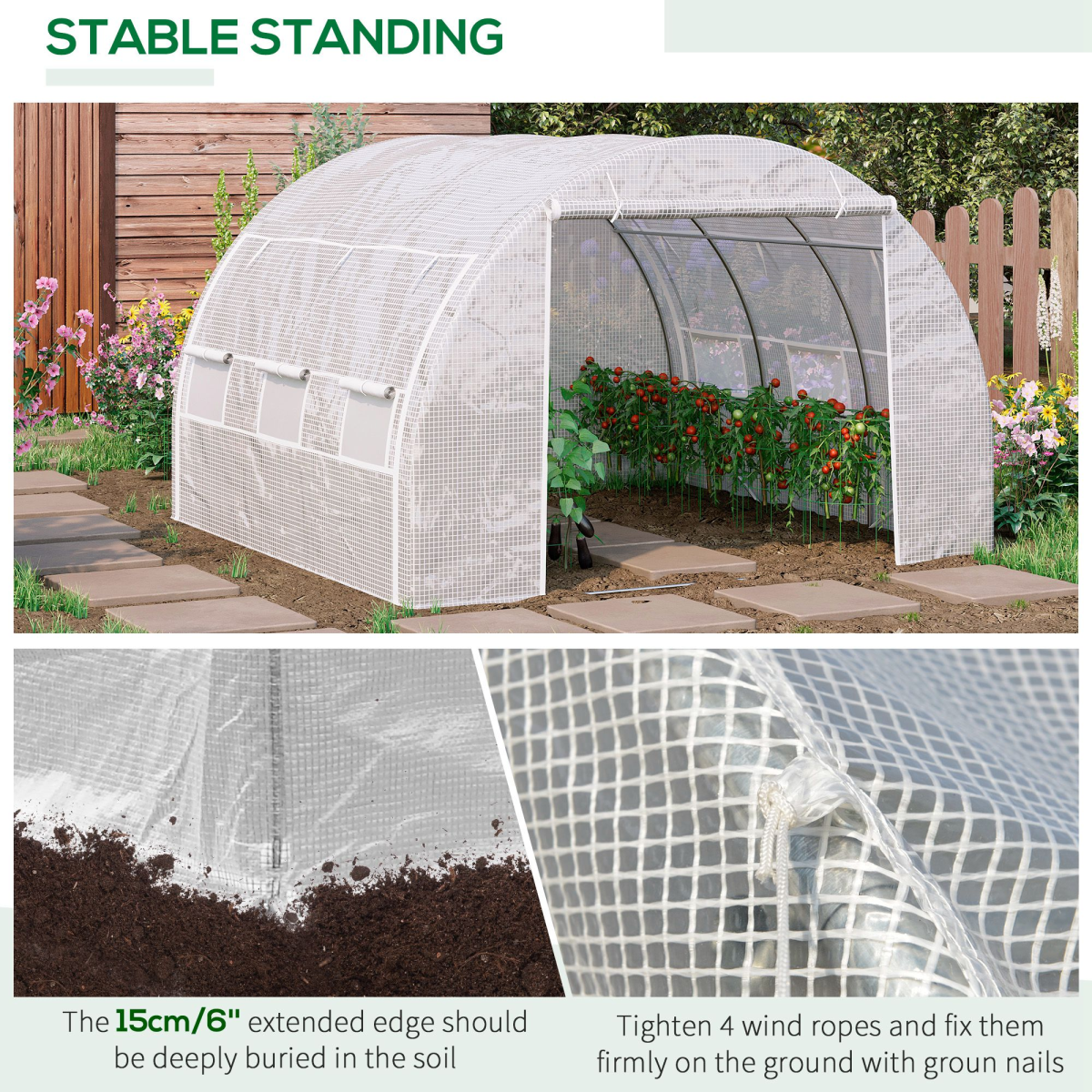 Outsunny 3 x 3 x 2 m Walk-In Polytunnel Greenhouse Tent with Steel Frame, Roll-Up Sides and 6 Windows