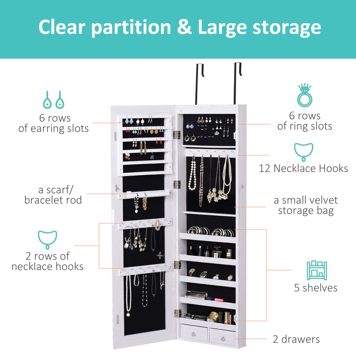 Lockable Hanging Mirrored Jewellery Cabinet with 6 LED Lights, White