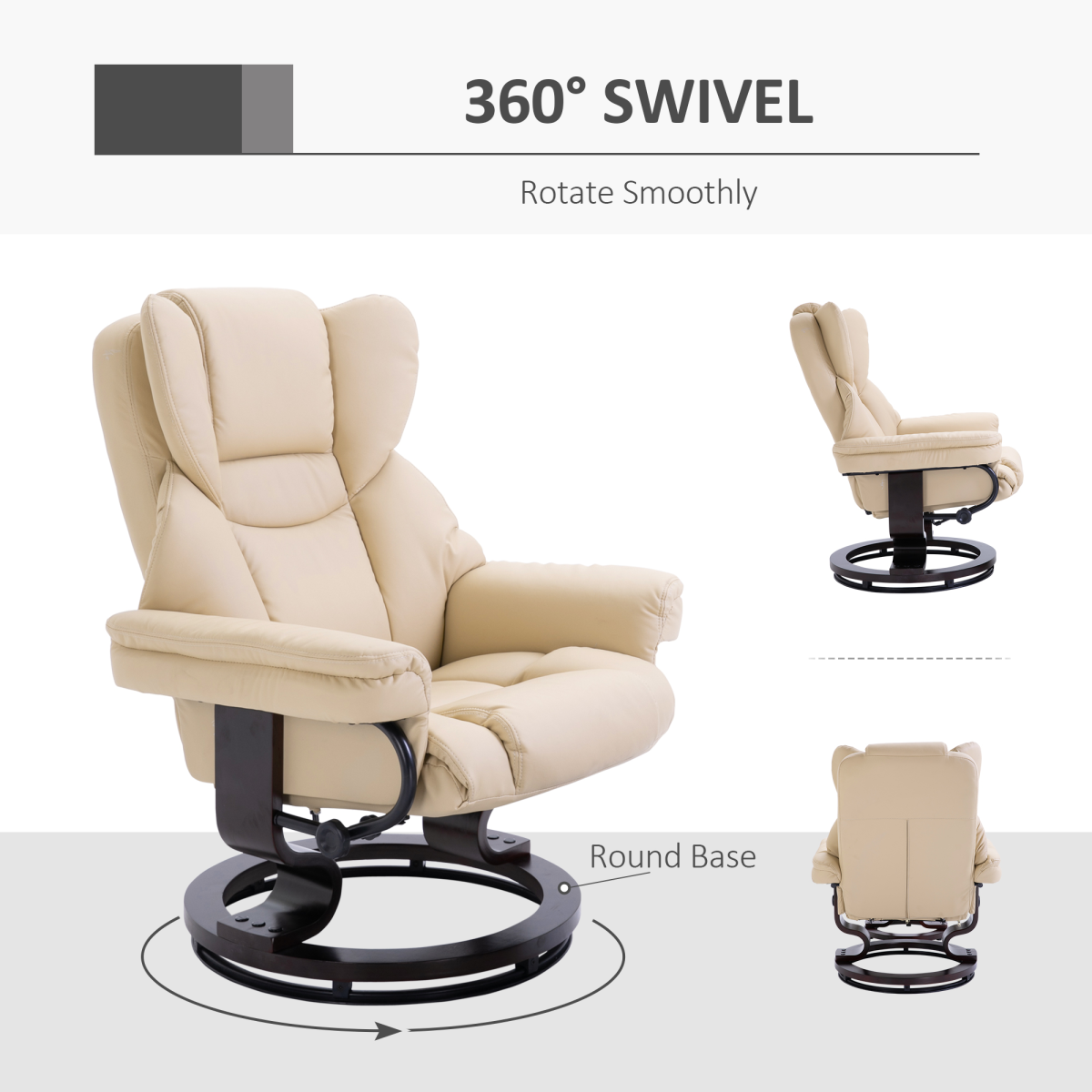 Cream PU Leather Swivel Recliner Armchair with Footstool