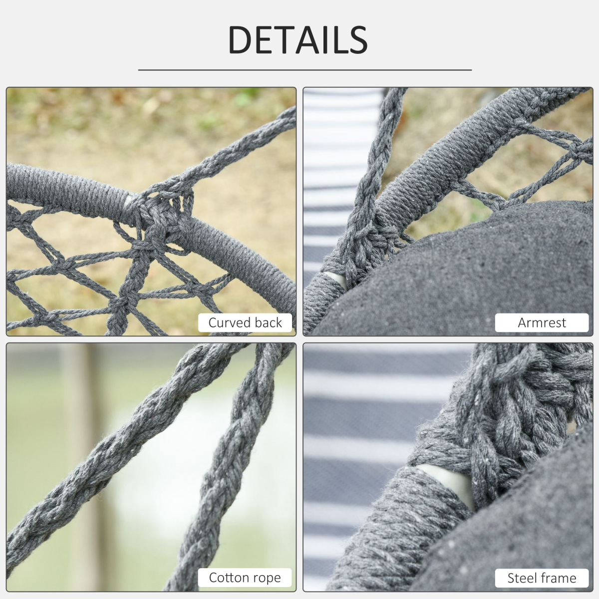 Outsunny Hanging Hammock Chair, Cotton Rope Swing with Solid Metal Frame, Large Macrame, Seat Cushion, Dark Grey