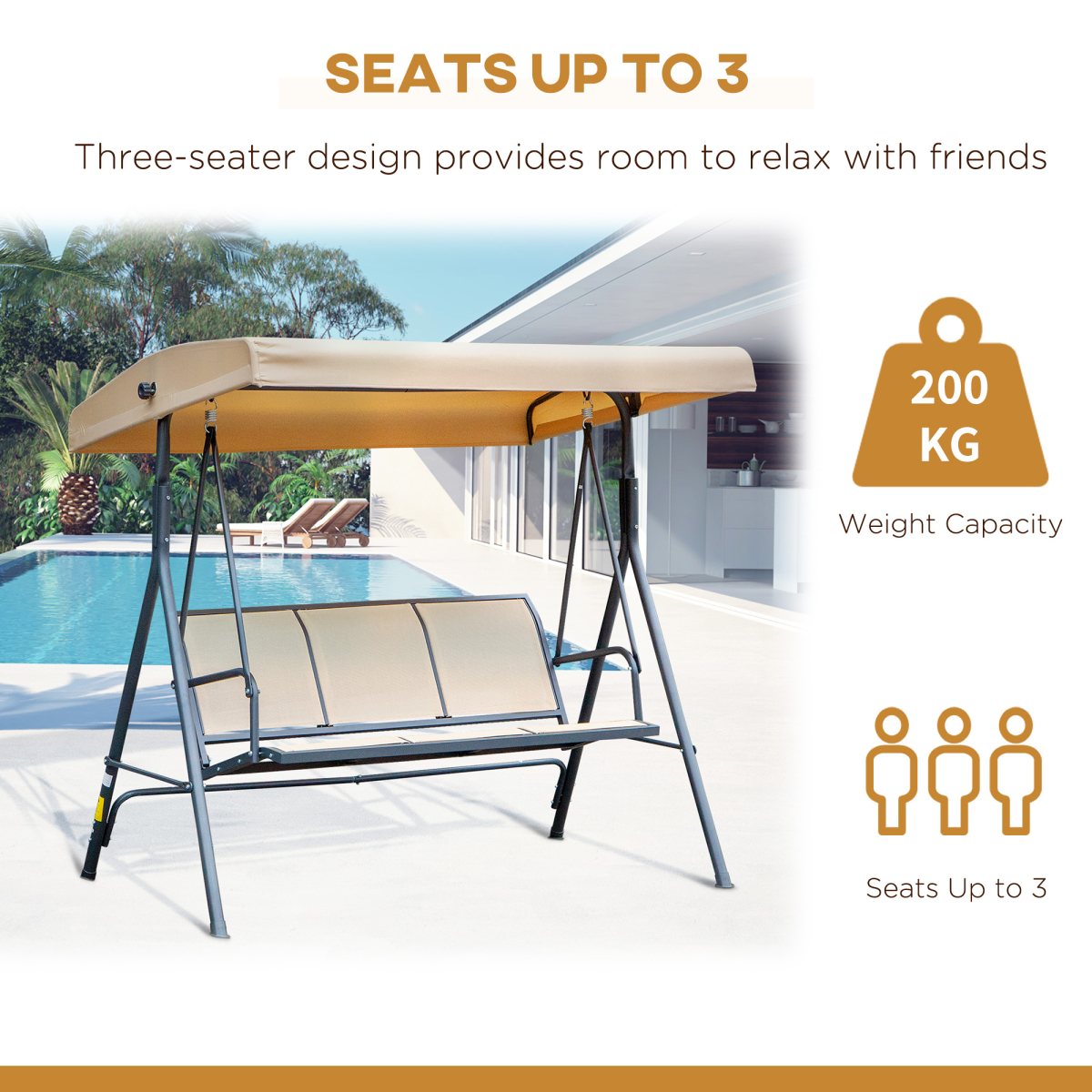 Outsunny 3-Seater Swing Chair with Weather-Resistant Canopy, Steel Frame, Beige