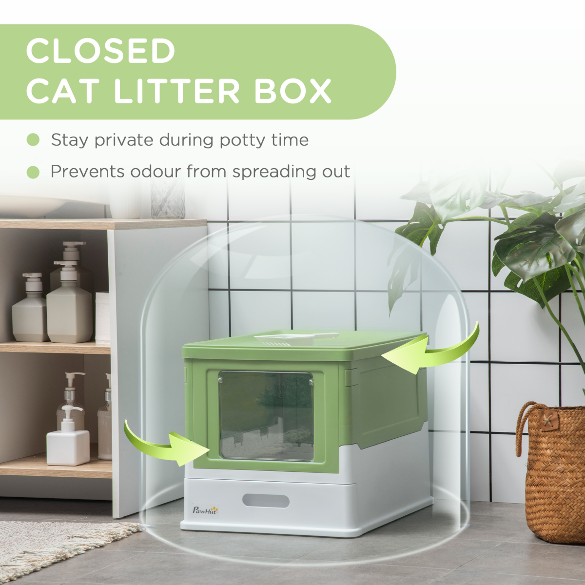 PawHut Enclosed Top-Entry Cat Litter Box with Scoop, Lime Green