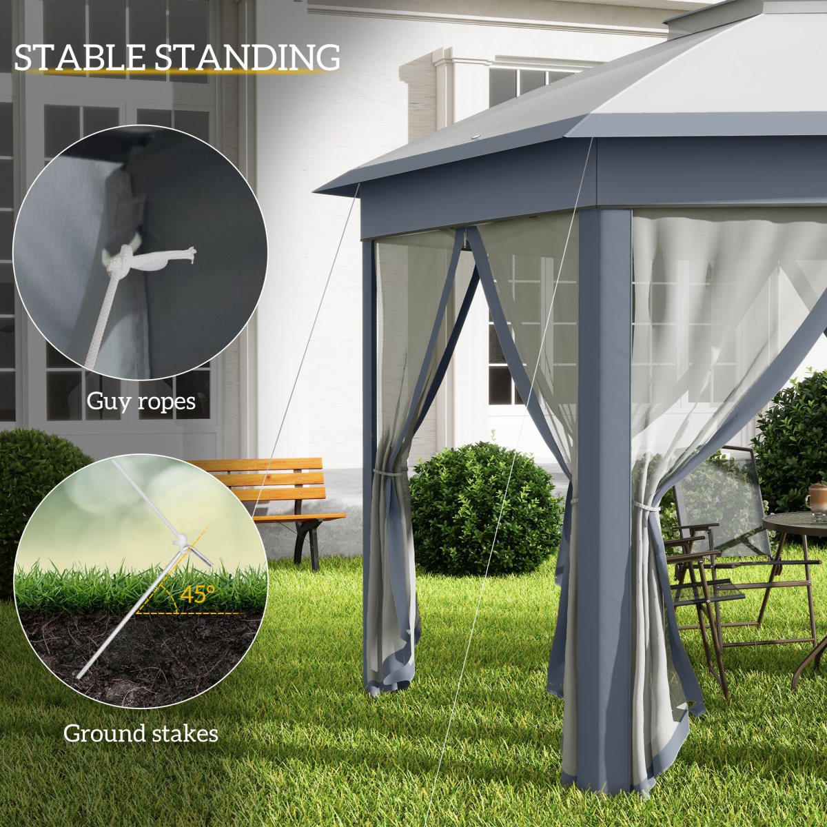 Outsunny Hexagon Pop Up Gazebo with Double Roof and Mesh Curtains, 4m x 4m, Grey