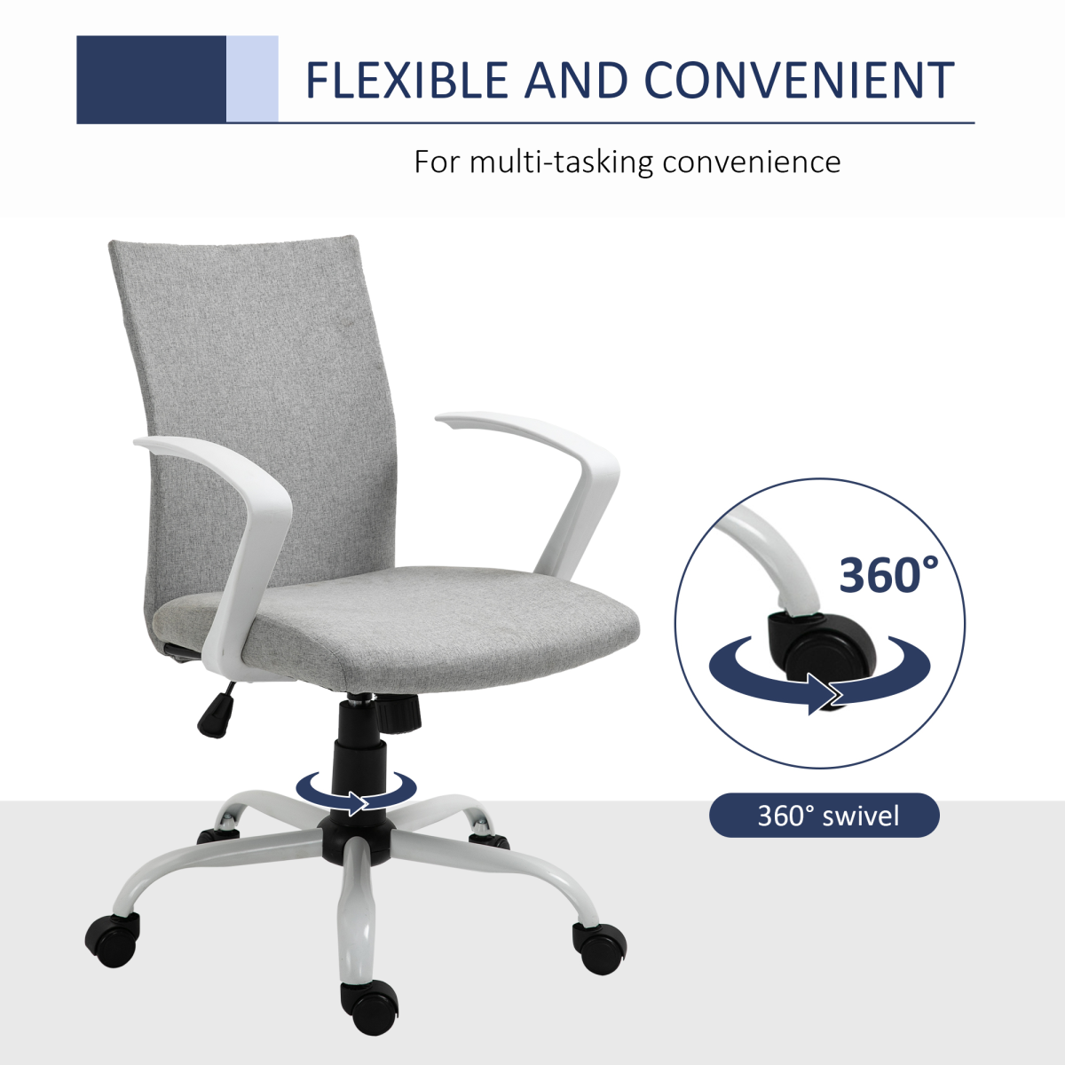 Vinsetto Linen Swivel Office Chair, Adjustable Height Computer Desk Chair with Armrests, Light Grey