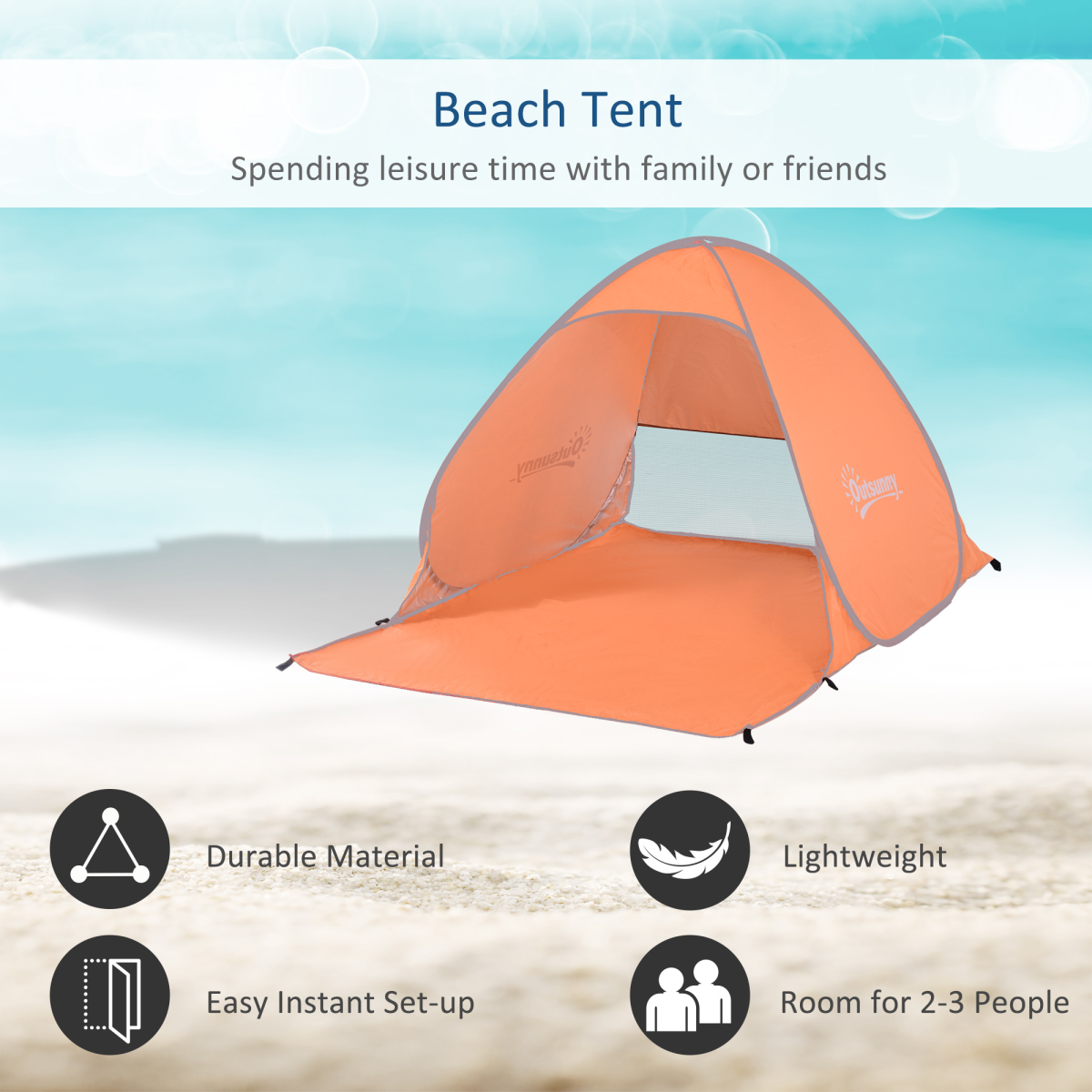 Pop-Up Beach Tent Sun Shade Shelter for 2-3 People with Ventilation Window, Stakes and Carry Bag, 200 x 150 x 119 cm