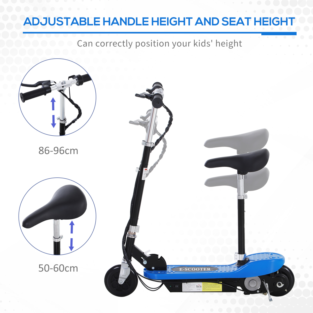 Kids Foldable Electric Powered Scooter 120W Adjustable Height Seat Rear Brake Blue for Ages 7-12