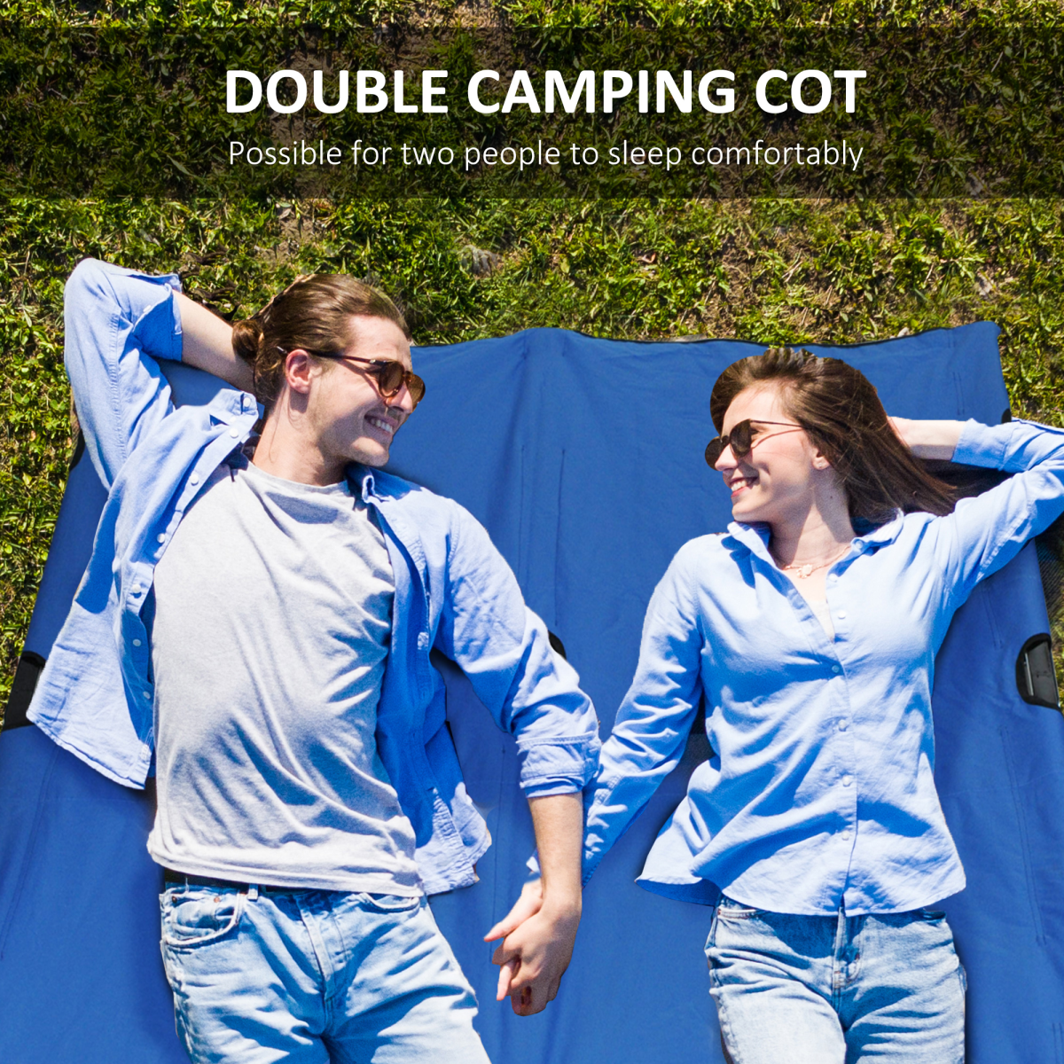 Double Folding Camping Cot for 2, Portable with Carry Bag, Blue