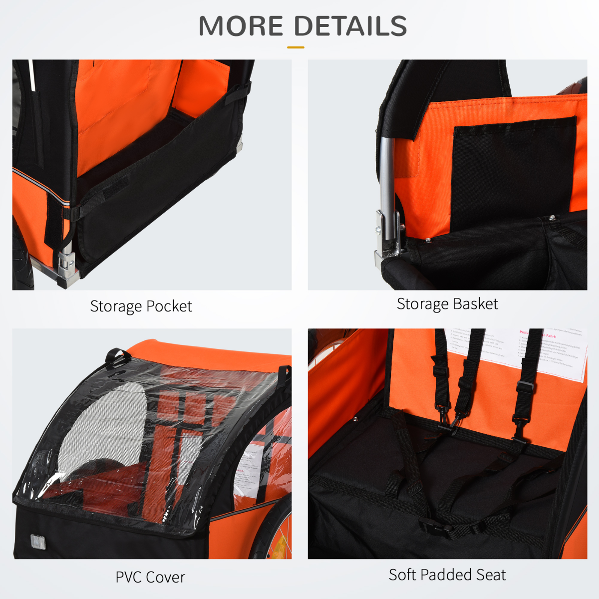 HOMCOM 18m 2-Seat Child Bike Trailer for Kid w/ Steel Frame Seat Belt Orange