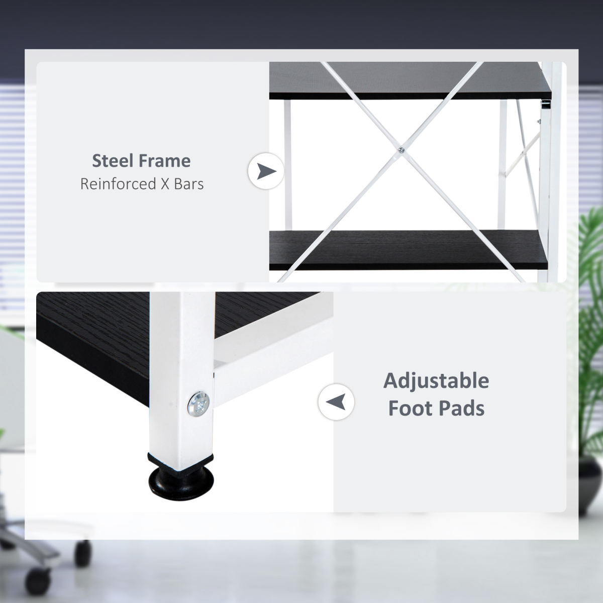 HOMCOM Computer Workstation Desk with 4-Tier Bookshelf, Metal Frame, White/Black Colour