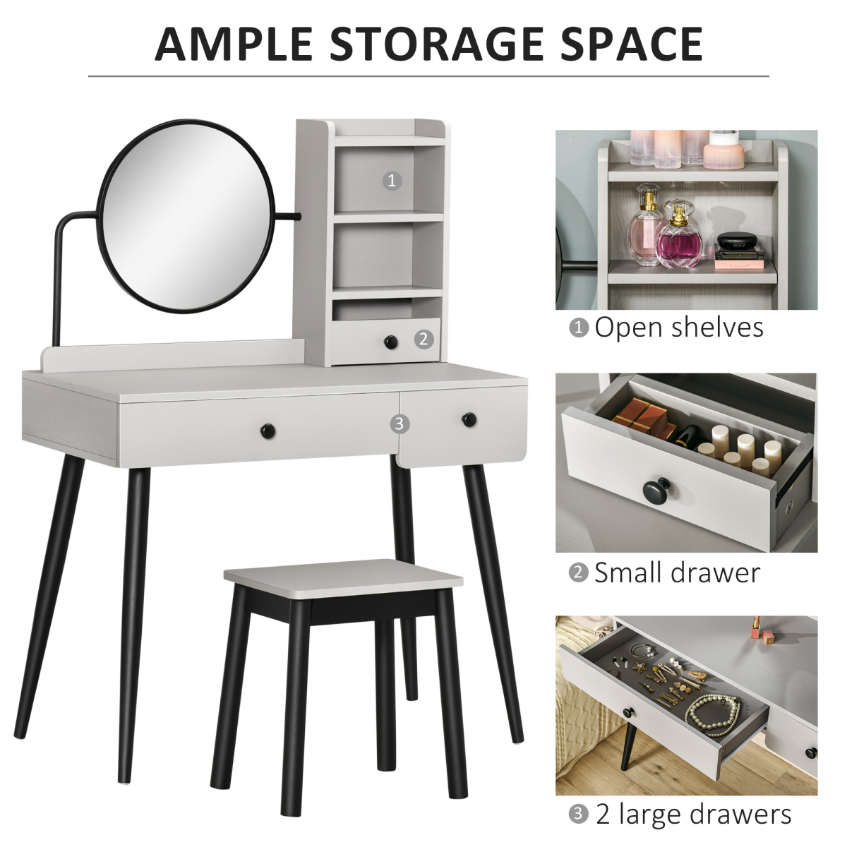 HOMCOM Dressing Table Set with Stool, 3 Drawers, Side Shelves and Fixed Mirror, Grey