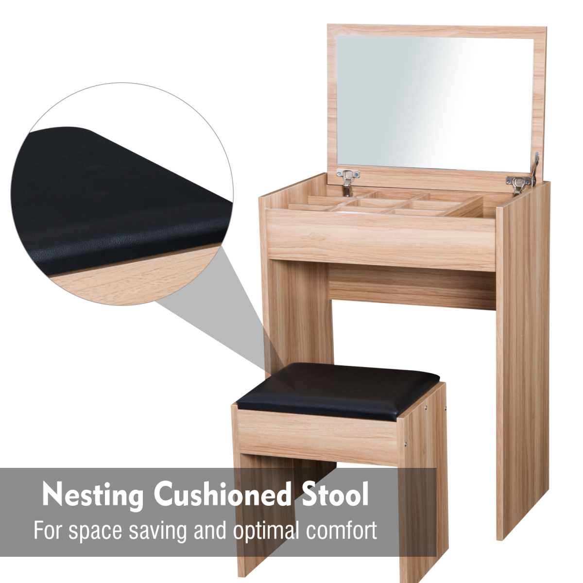 HOMCOM Dressing Table Set with Flip-Up Mirror, Stool, Hidden Storage and Writing Desk Function, Wood