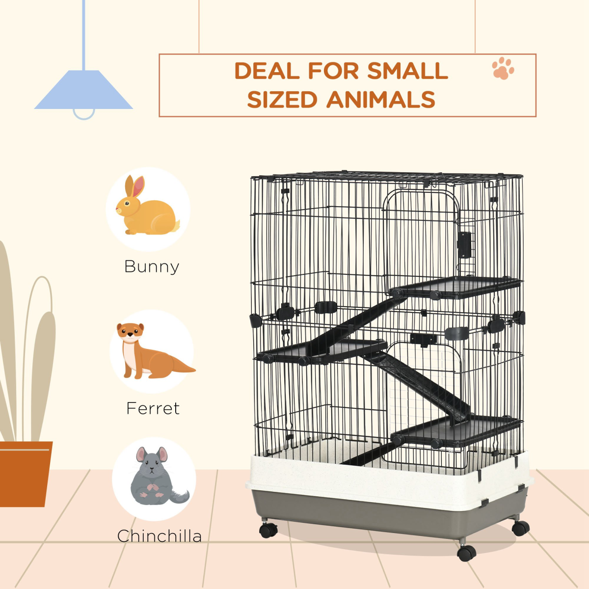 PawHut 3-Tier Small Animal Cage with Ramp for Rabbits, Ferrets