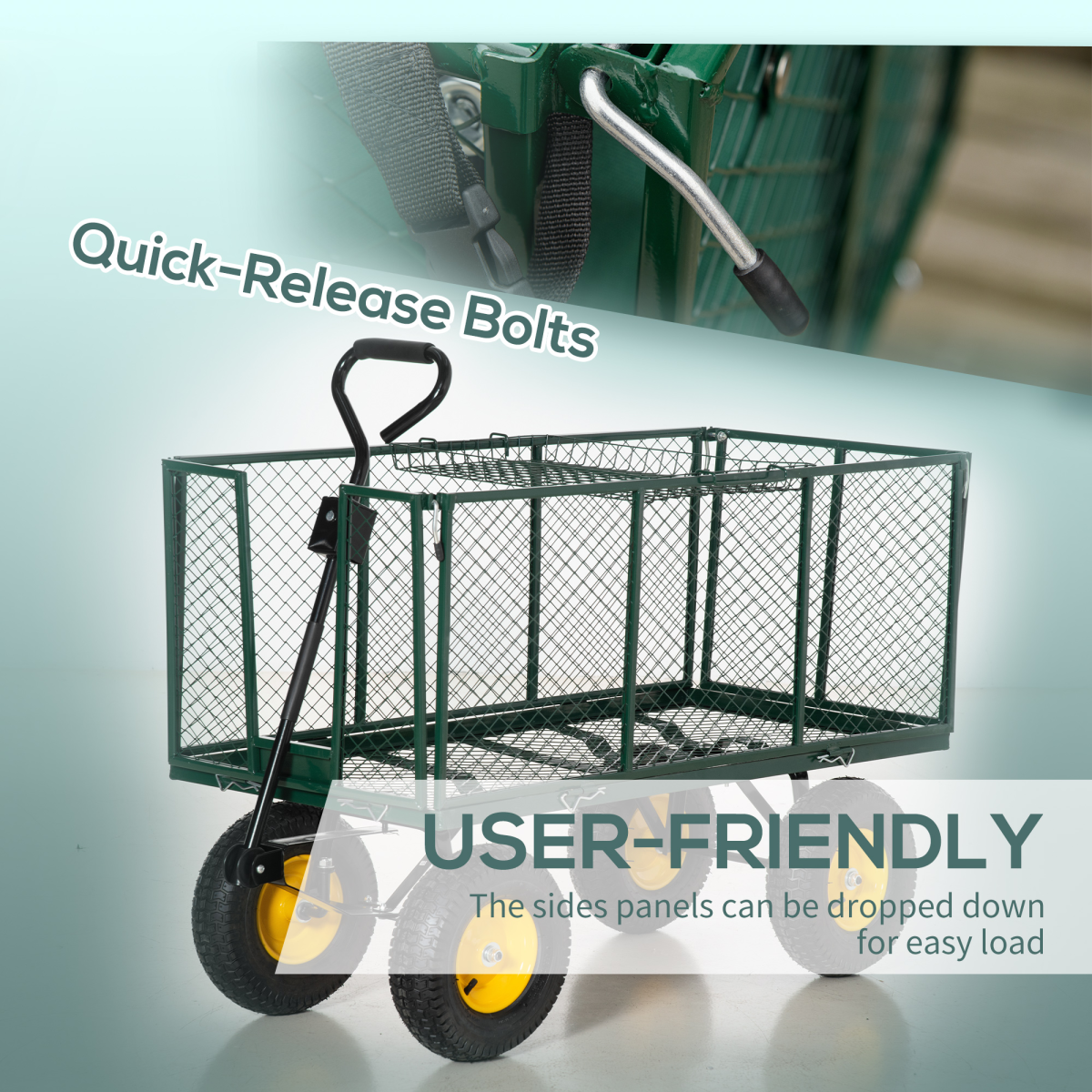 Outsunny Large 4 Wheel Garden Cart Truck Trolley with 342L Removable Fabric Bag, Removable Shelf, 350kg Load Capacity - Green