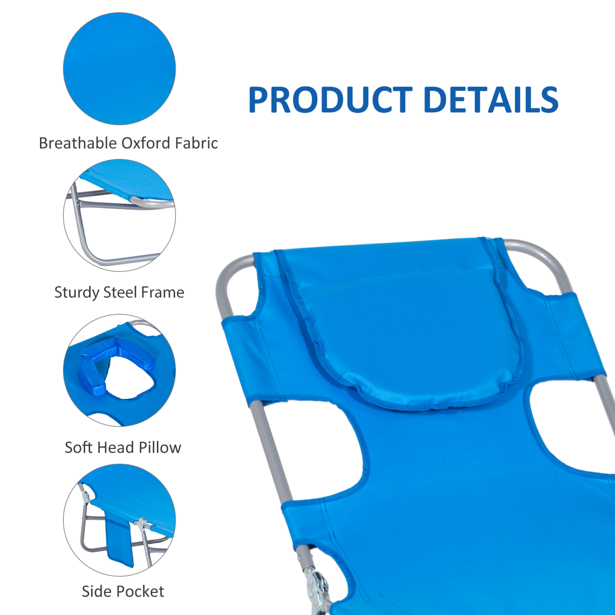 Outsunny Beach Chaise Lounge Sun Lounger with Face Hole, 5-Position Adjustable Backrest, Foldable, Blue