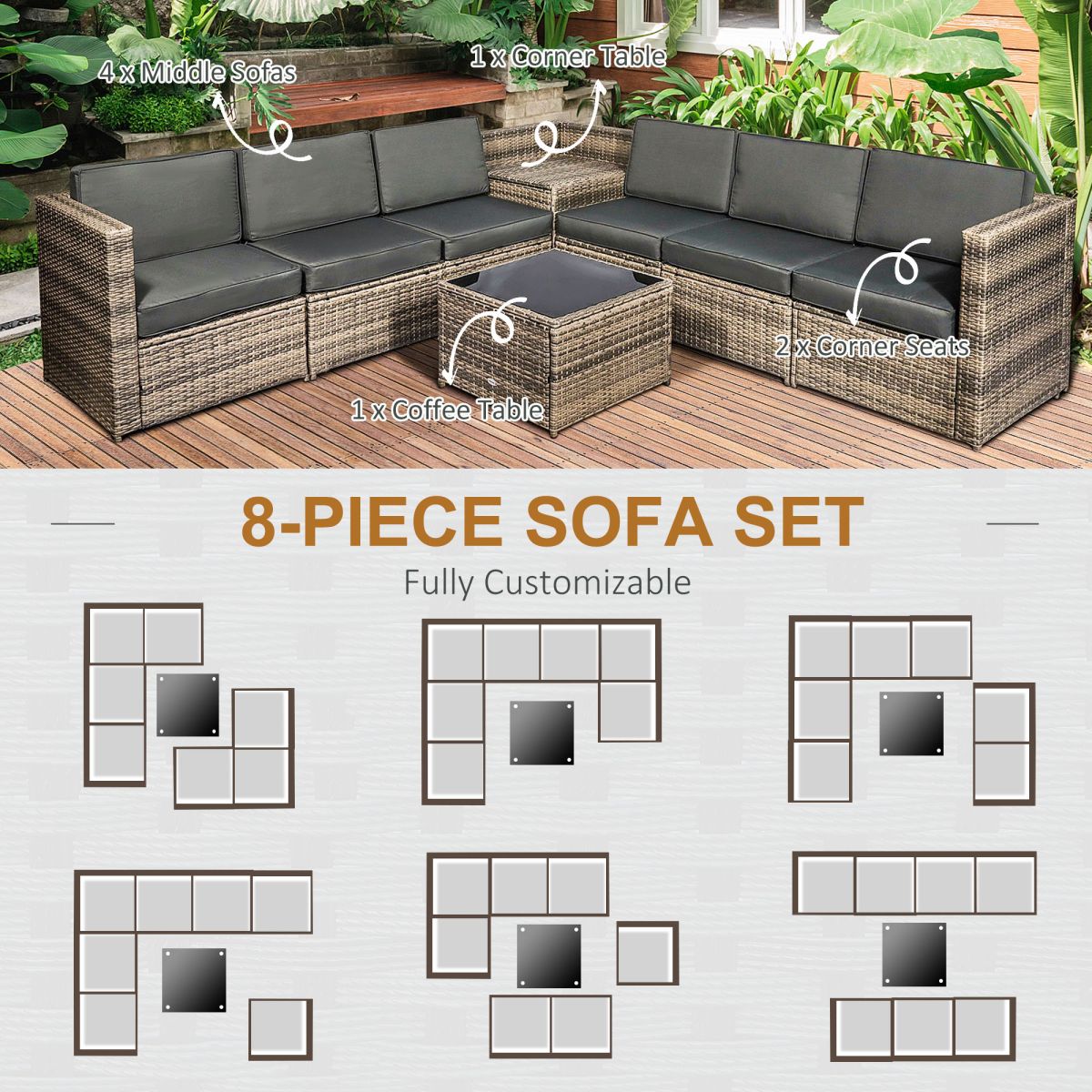 Outsunny 8-Piece Patio Rattan Sofa Set with Cushions, Tempered Glass Coffee Table and Corner Table