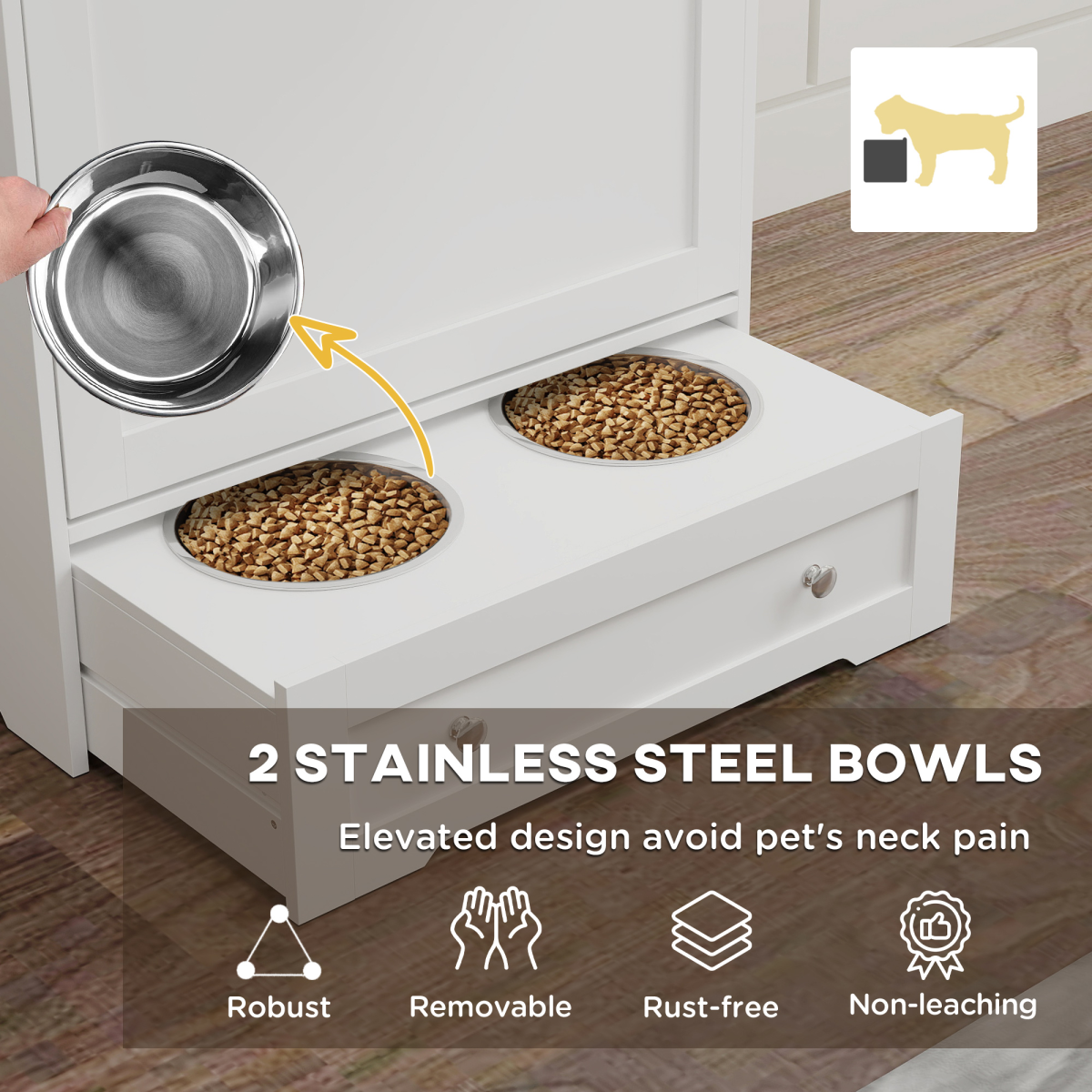 PawHut Dog Feeding Station with 2 Cabinets and 2 Elevated Bowls, White