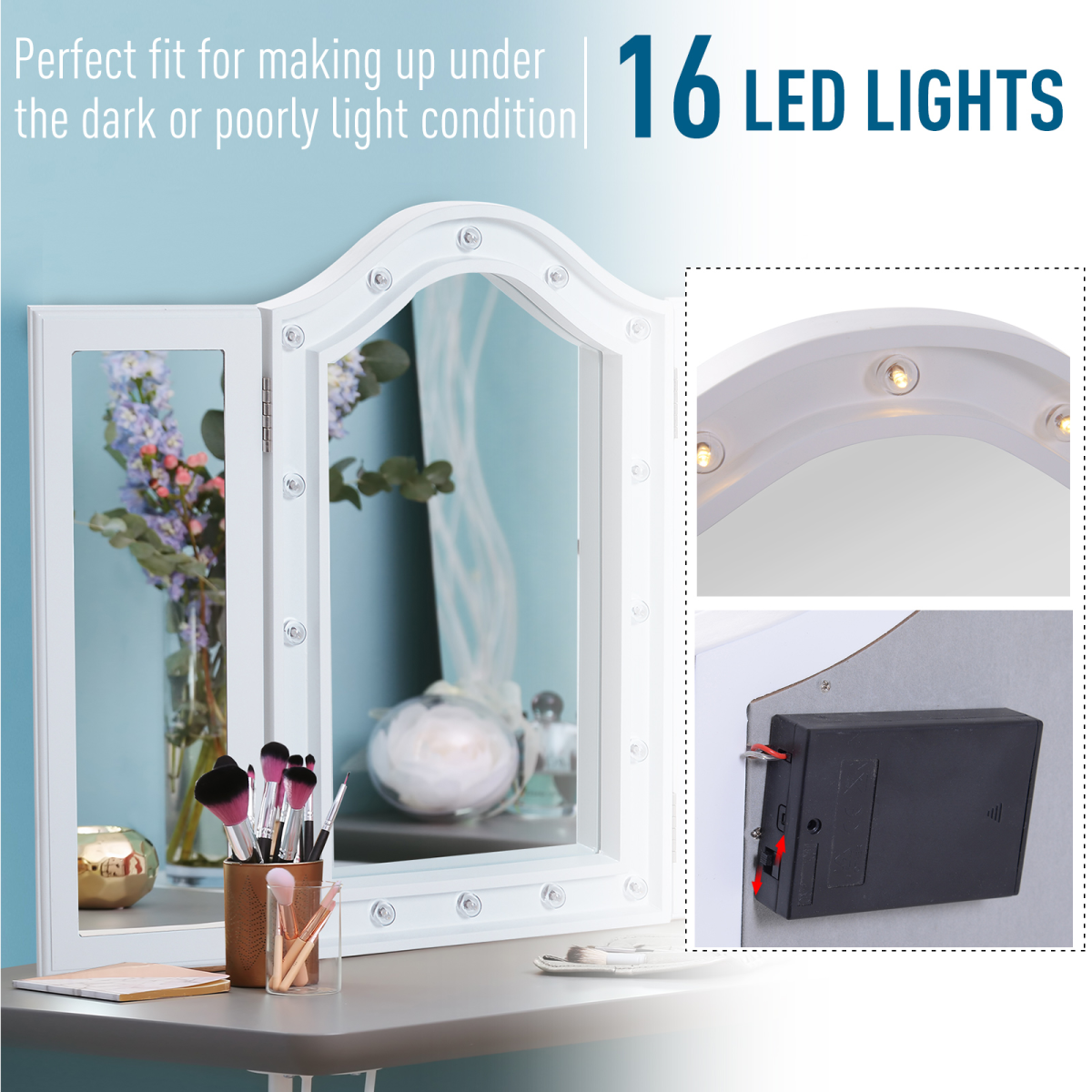 HOMCOM Tri-Fold Vanity Mirror with 16 LED Lights, White