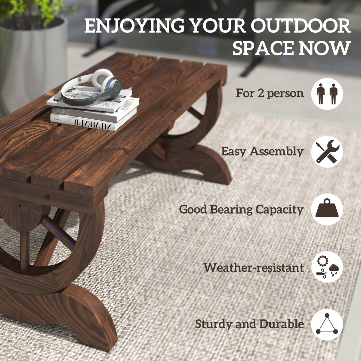Outsunny Rustic Wooden Wagon Wheel 2-Person Wooden Bench, Brown Outdoor Loveseat Chair