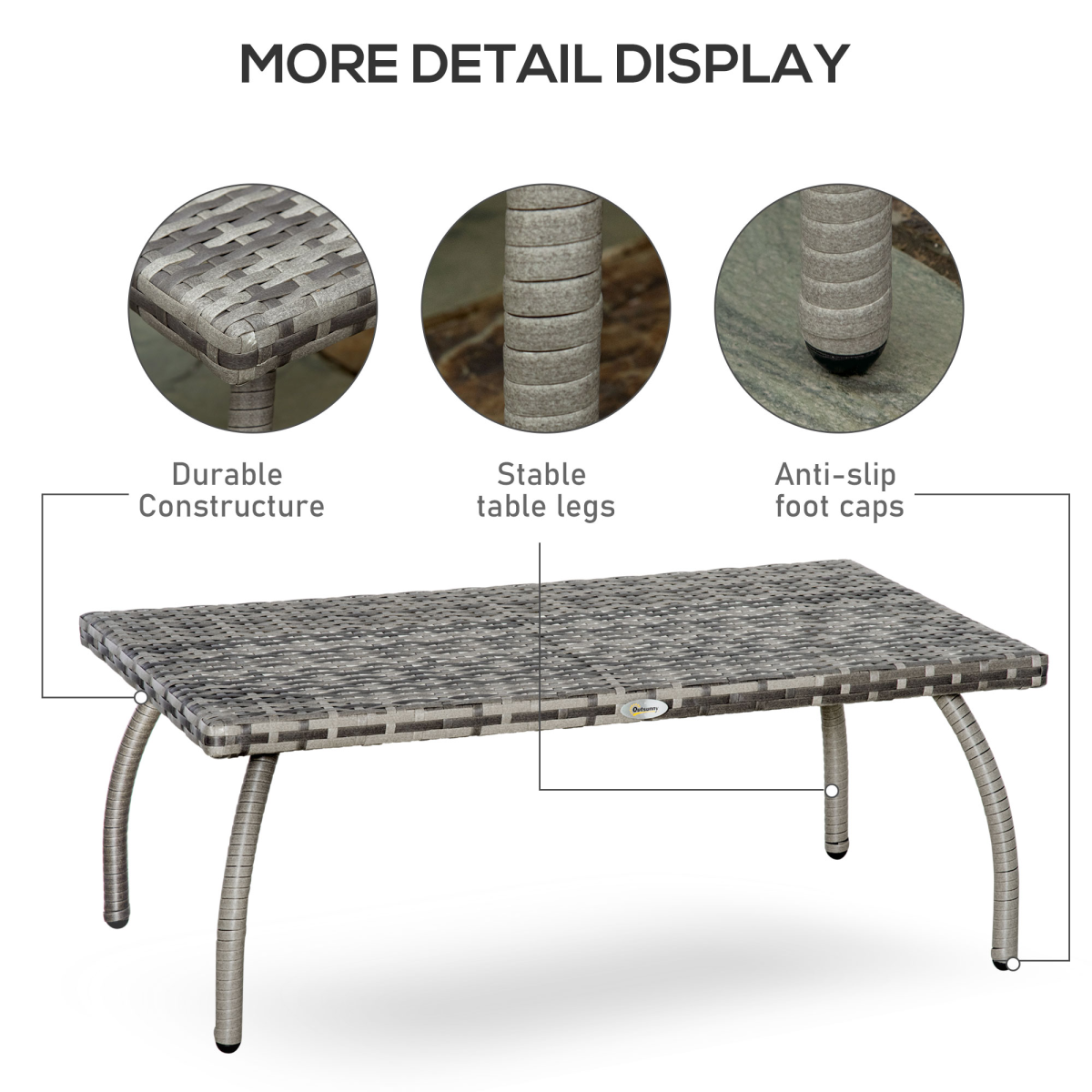 Outsunny Rattan Patio Coffee Table, All-Weather Grey Wicker Table for Home, Backyard, Garden and Porch