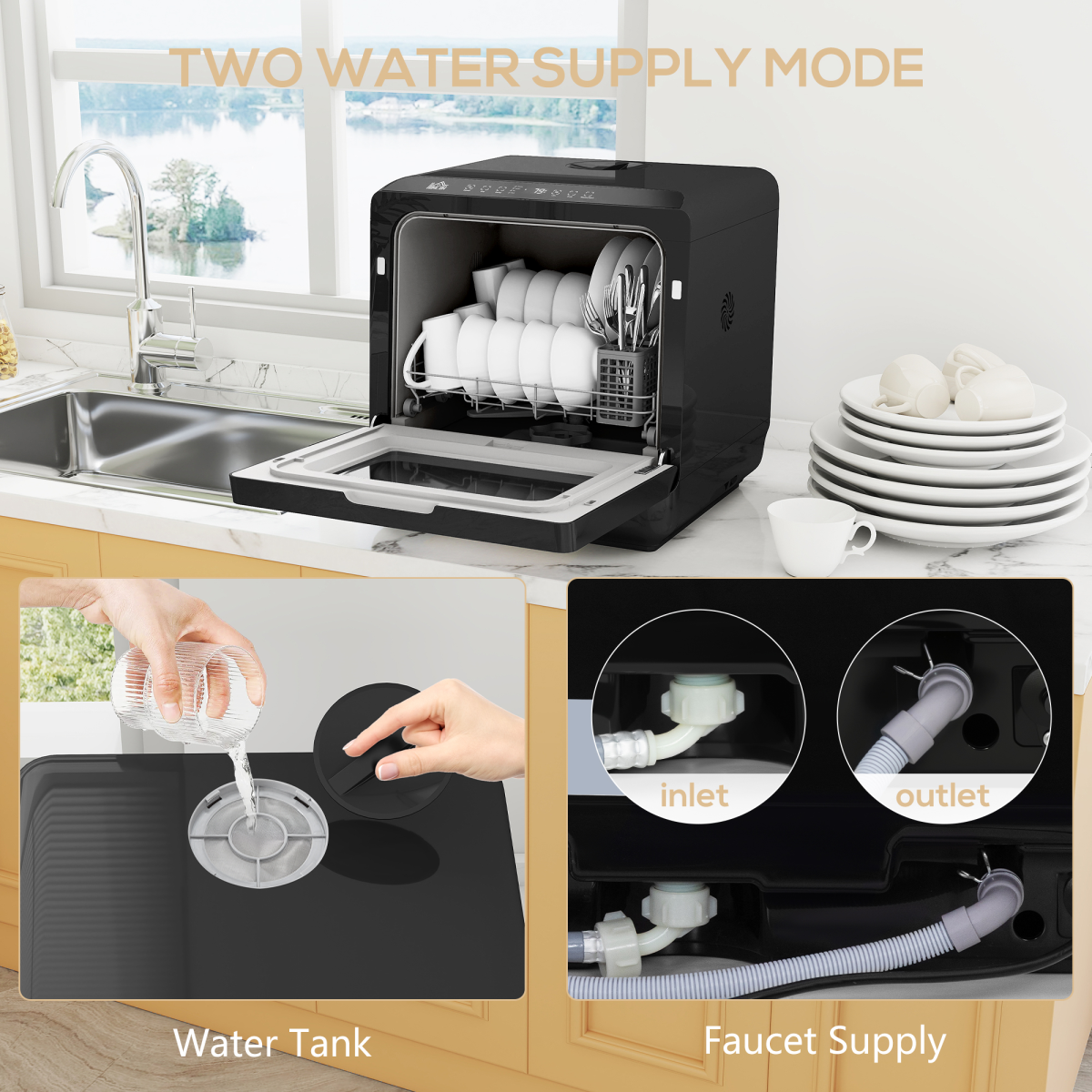 HOMCOM Compact Worktop Dishwasher, 4 Place Settings, 6 Programs, Black