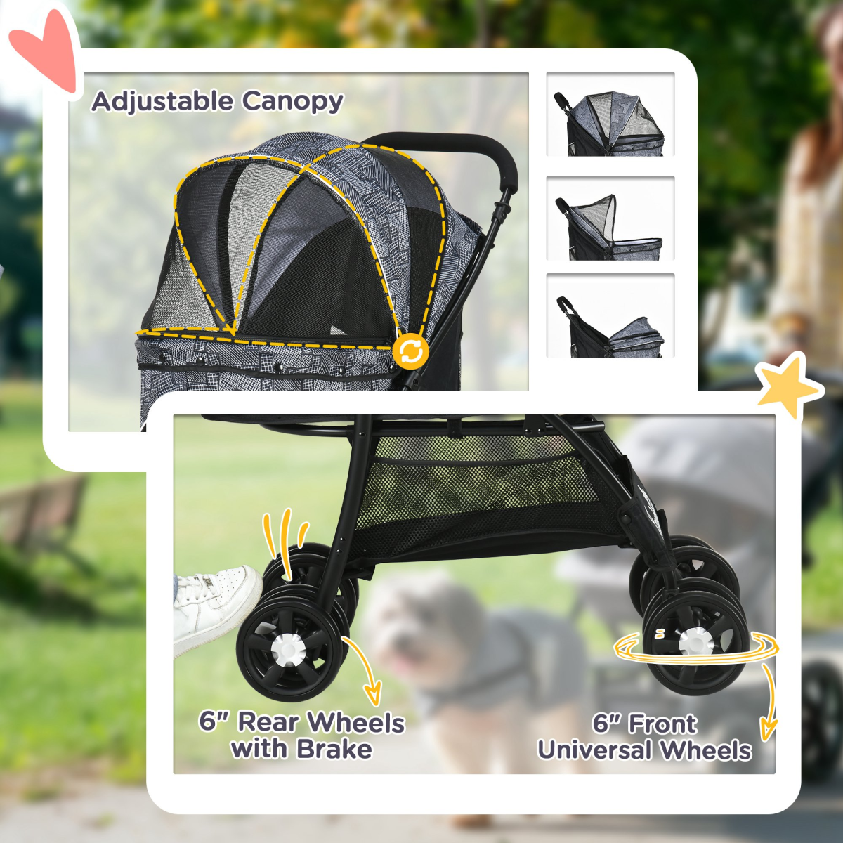 PawHut Foldable Dog Stroller with Large Carriage, Brakes, Grey