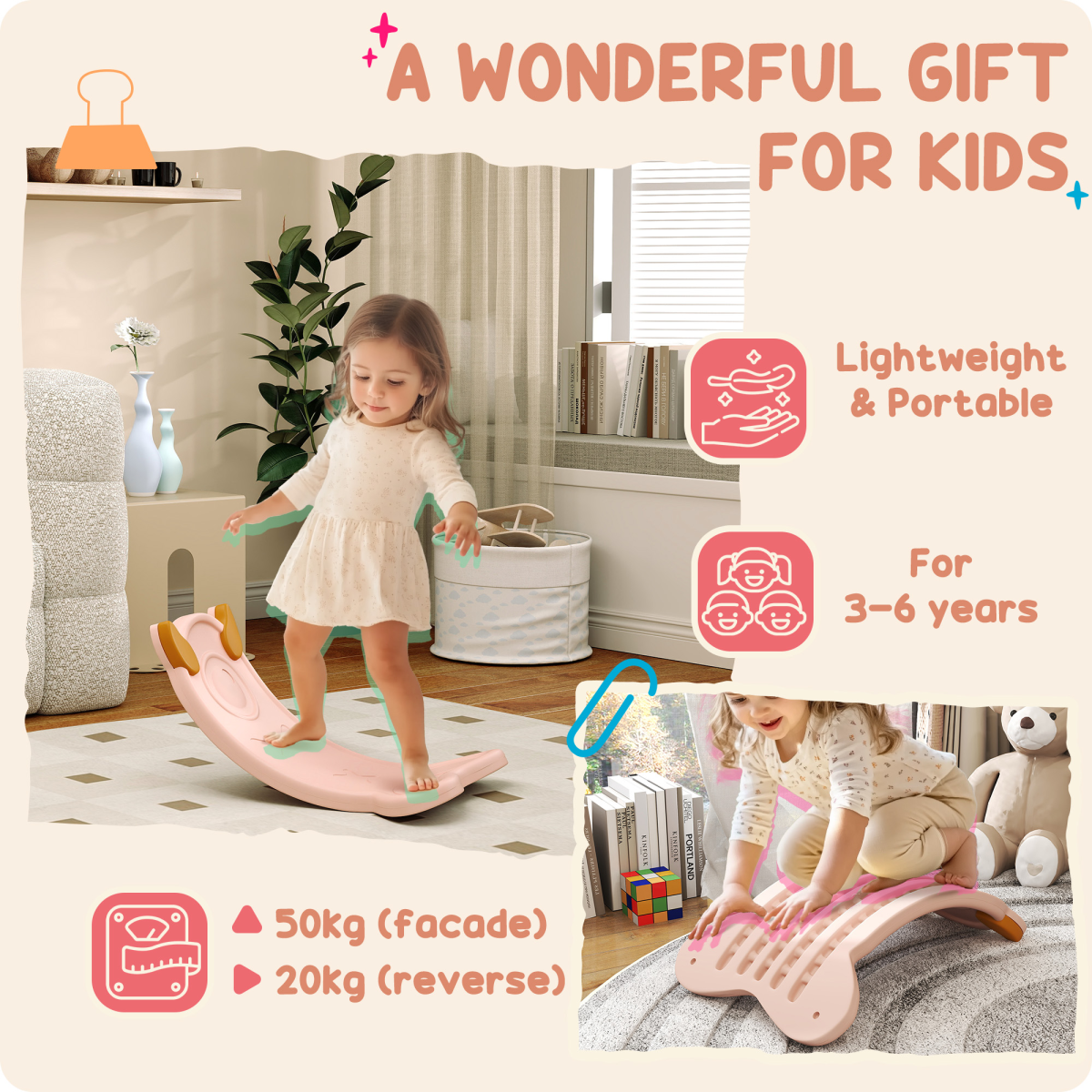 AIYAPLAY Kids Balance Board for Balance Training & Sensory Play, Pink