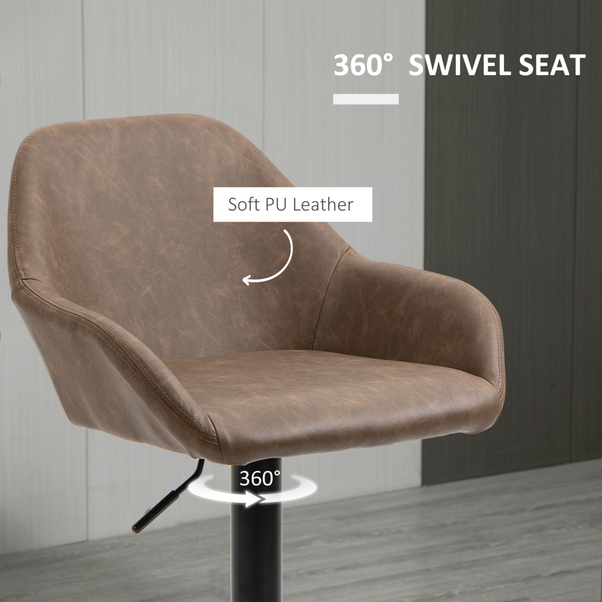 HOMCOM Set of 2 Swivel Bar Stools with Footrest and Backrest, Adjustable Height, PU Leather and Steel, Brown