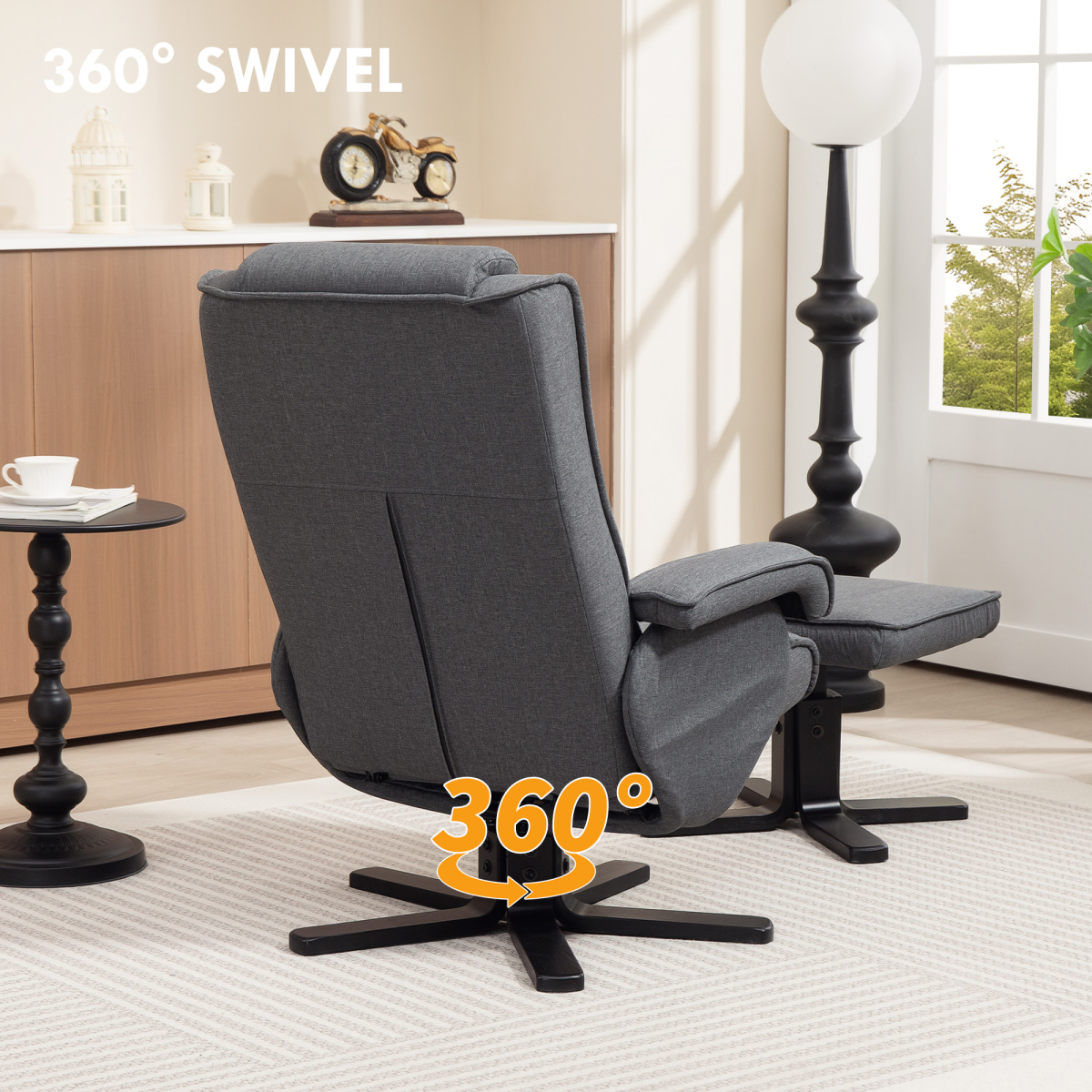 HOMCOM Linen Swivel Rocker Recliner Chair with Footstool, Grey