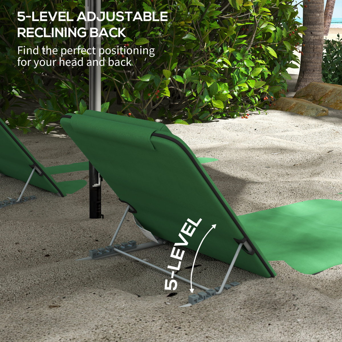 Outsunny 2-Piece Outdoor Beach Mat Set with Backrest, Steel Reclining Frame, Pillow