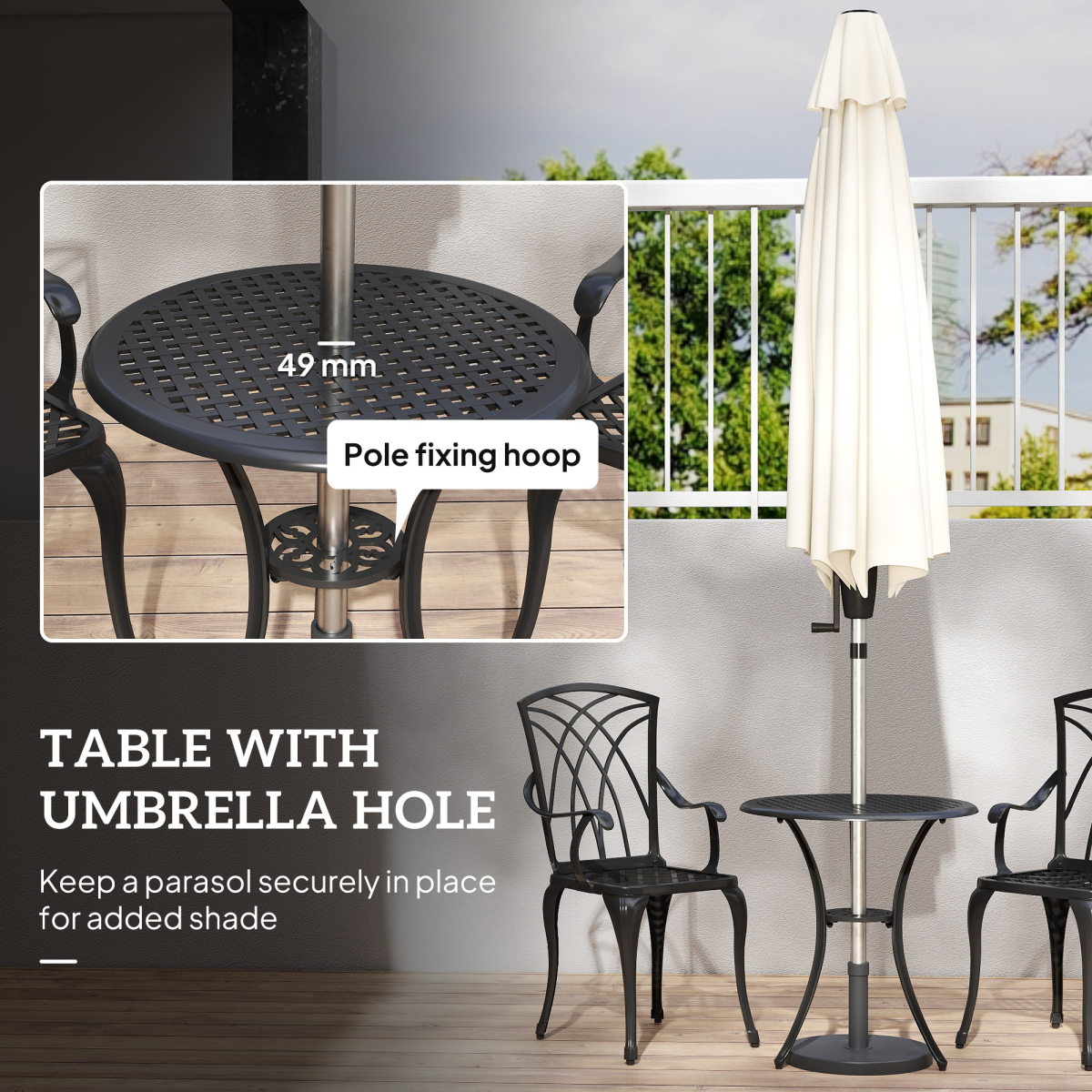 Outsunny Weather-Resistant Cast Aluminium 2-Seater Outdoor Garden Table and 2 Chairs Set with Umbrella Hole