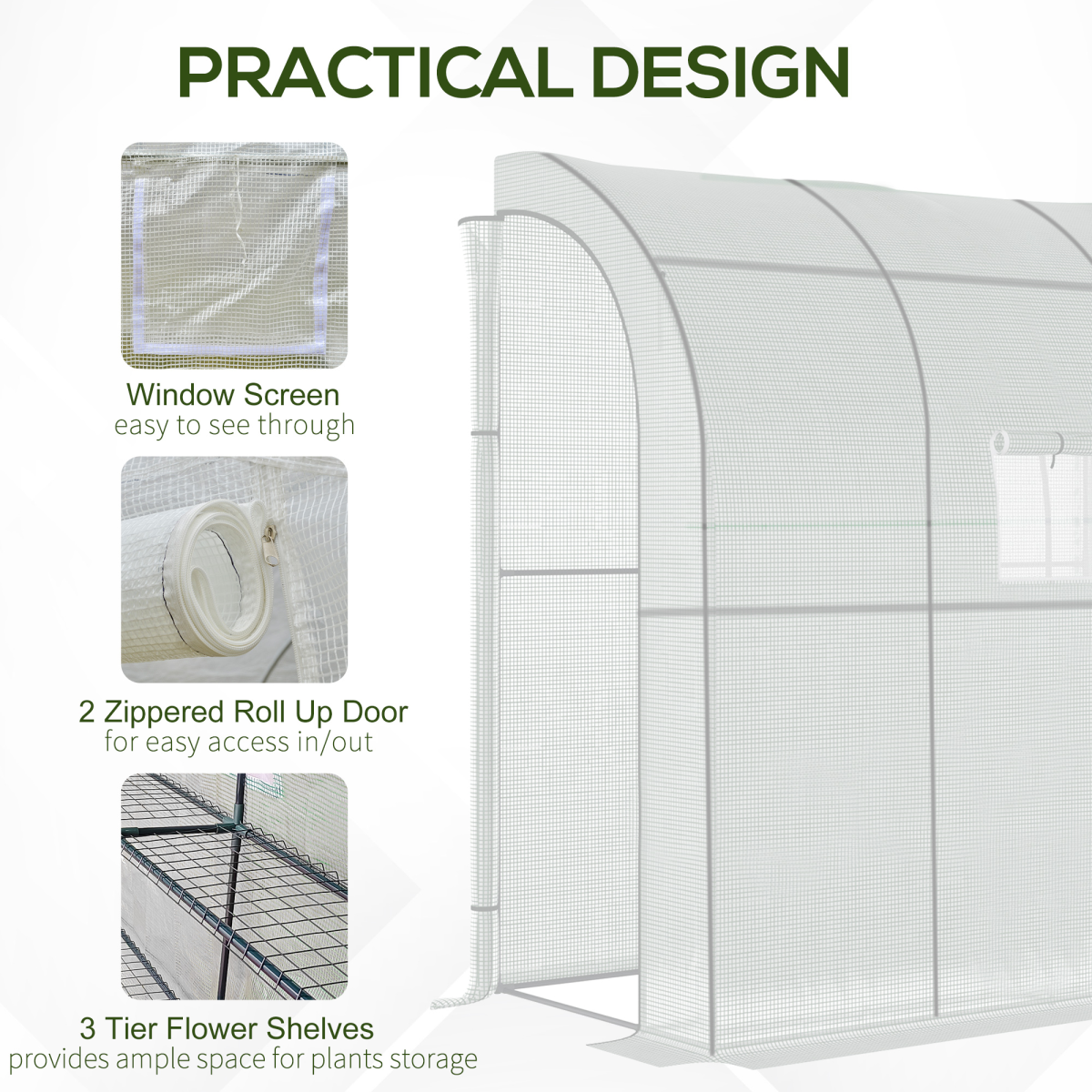 Outsunny Walk-In Lean-To Greenhouse with PE Cover, Steel Frame, Windows and Doors, White