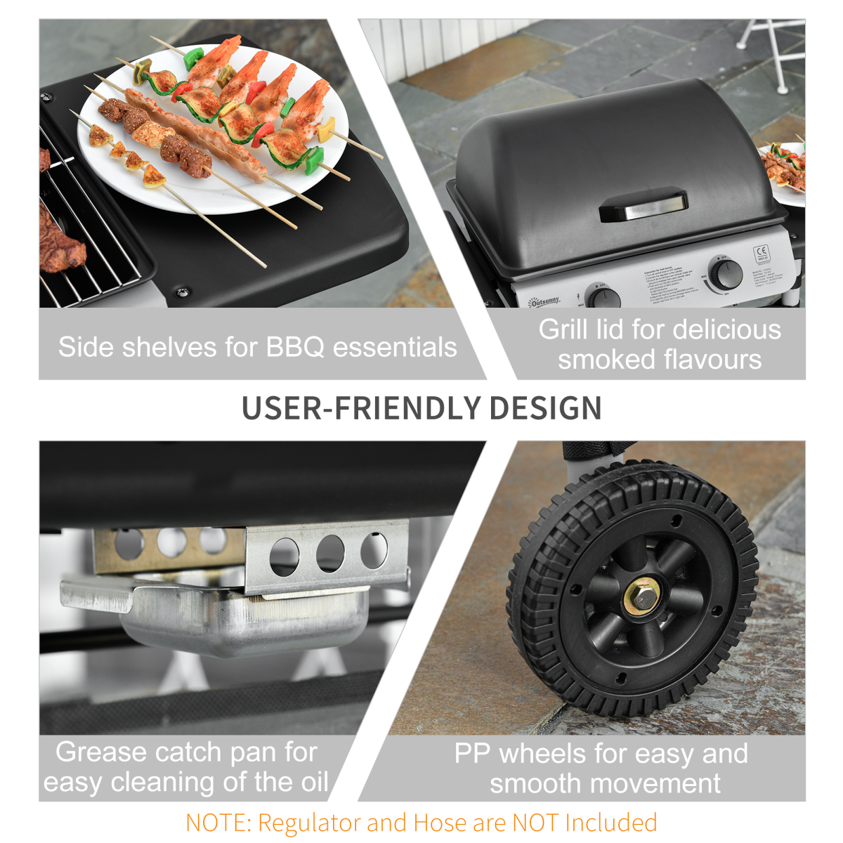 Outsunny 2-Burner Propane Gas BBQ Grill, 5.6 kW, Side Shelves