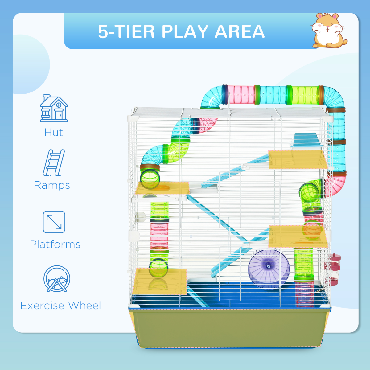 PawHut Five-Level Hamster Cage with Tubes, Water Bottle, Exercise Wheel, Ramps, Hut and Food Dish, Blue