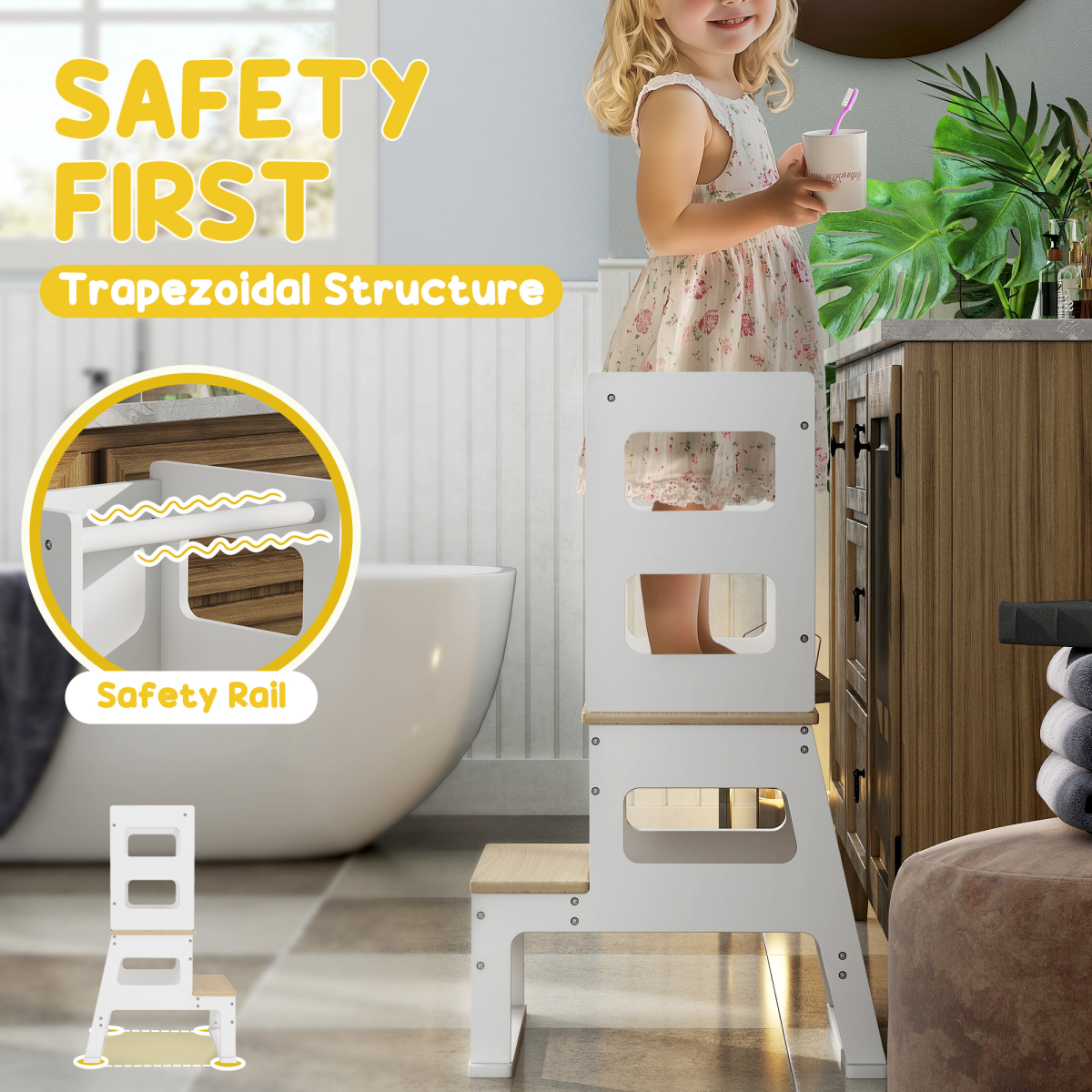 AIYAPLAY 2-in-1 Toddler Tower with Chalkboard & Safety Rail