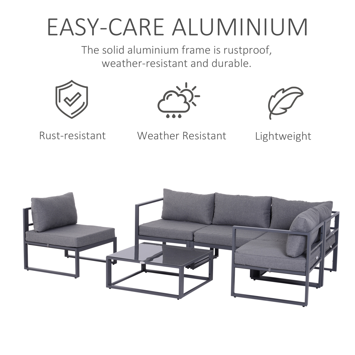 6-Piece Outdoor Sectional Sofa Set with Coffee Table, Aluminum Frame, Cushions, Tempered Glass Tabletop
