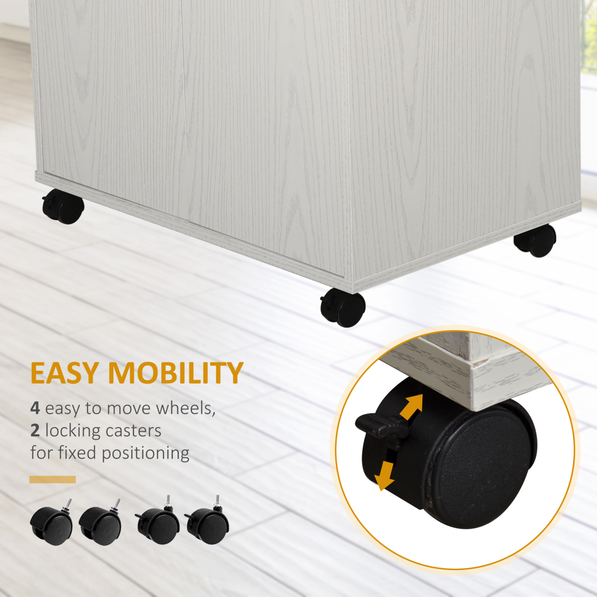 HOMCOM Microwave Cart on Wheels, Kitchen Utility Trolley with Storage Cabinet, Adjustable Shelf, Open Top Compartment, Lockable Wheels, White, 97x60.4x40.3cm