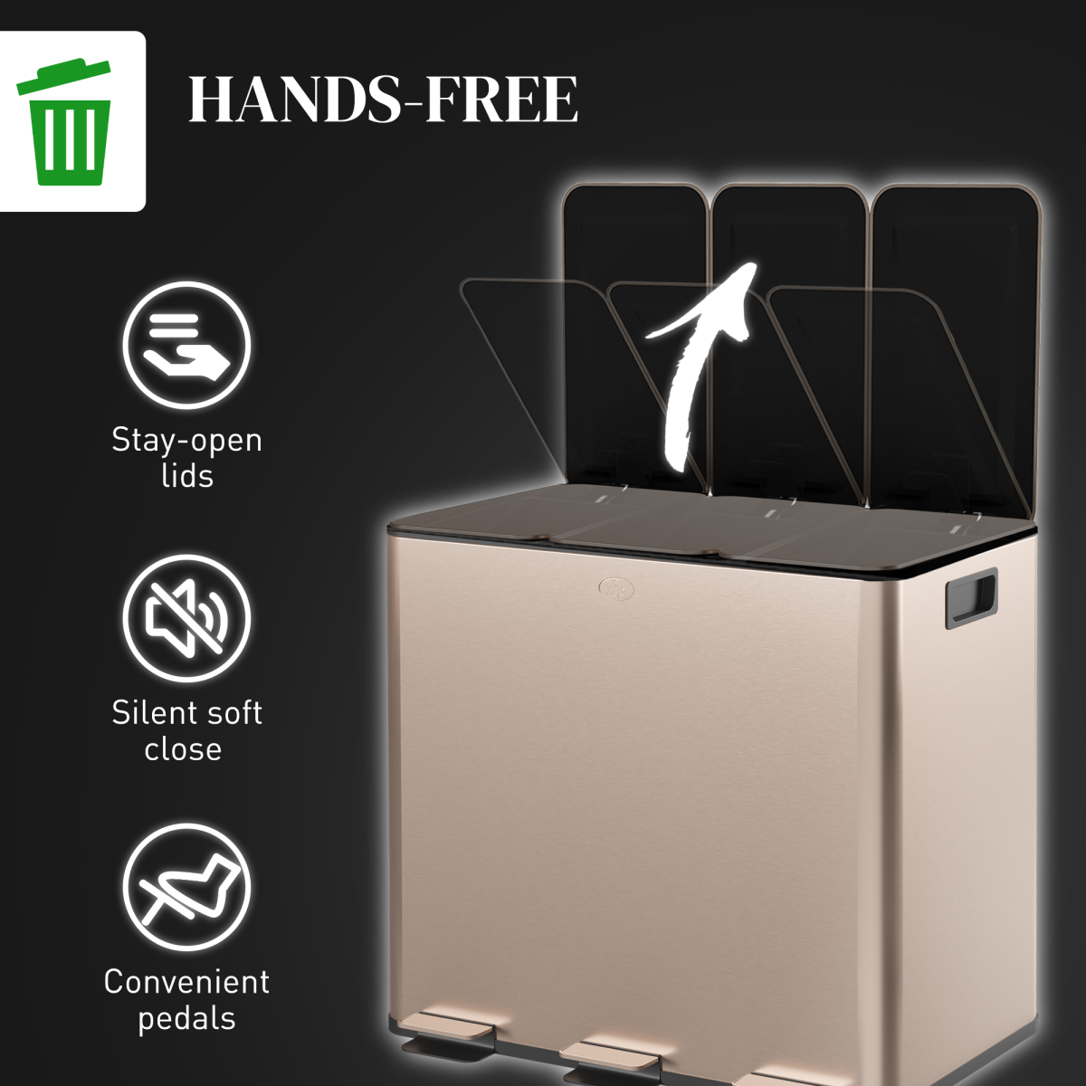 PawHut 3 x 15L Triple Kitchen Recycling Pedal Bin, Gold Tone