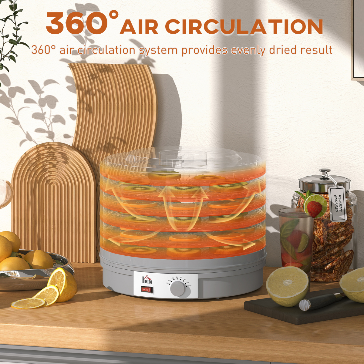 HOMCOM 5-Tier Food Dehydrator, Adjustable 35-70°C, Grey