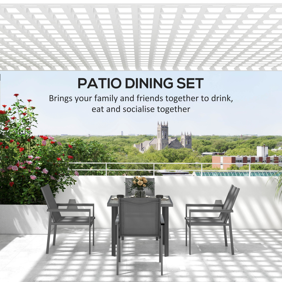 Outsunny 5 Piece Outdoor Garden Dining Set with 4 Chairs, Steel Frame and Tempered Glass Table, Grey