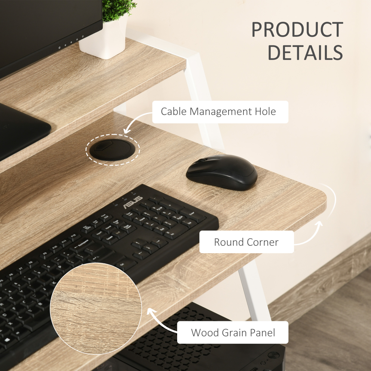 HOMCOM White and Oak Computer Workstation Storage Shelf, Two-Tier Tabletop, Steel Frame, 20kg Max Load