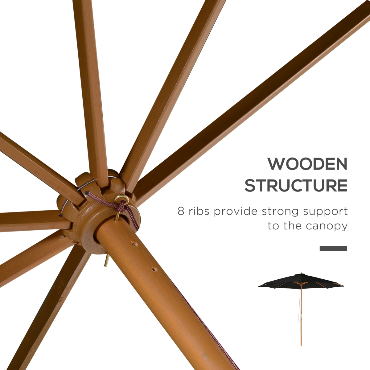 Outsunny Bamboo Wooden Market Patio Umbrella 3 x 2.5 m, Polyester Canopy, Adjustable Angle, Pulley Open and Close, Base Not Included