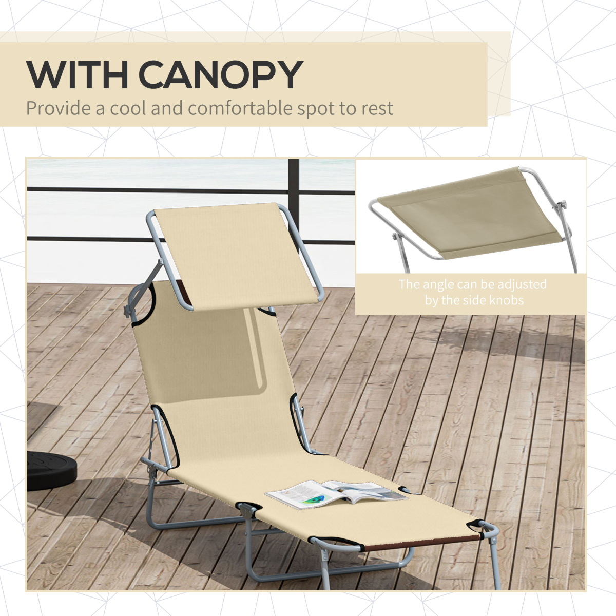 Outsunny Folding Sun Lounger Chair with Adjustable Canopy, Beige