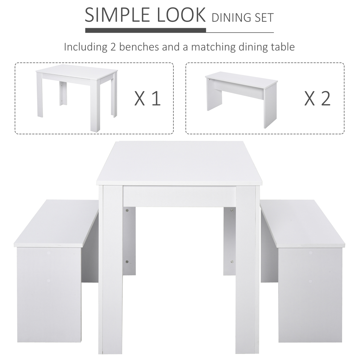 HOMCOM 3 Piece White Particle Board Dining Set with Table and 2 Benches