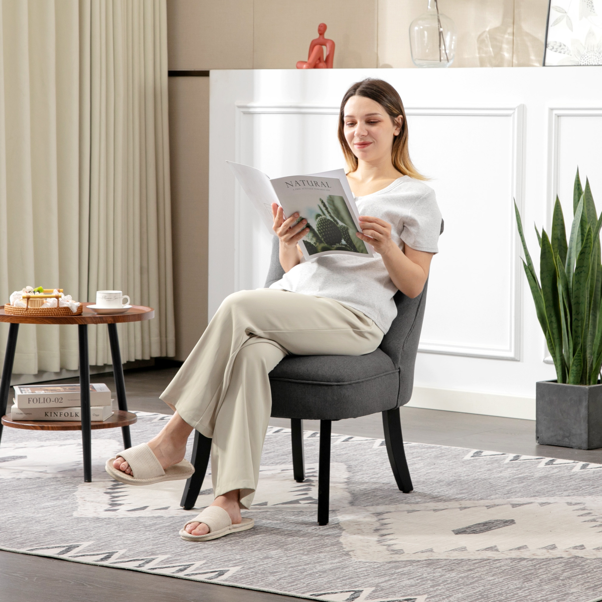 HOMCOM Charcoal Grey Fabric Single Sofa with Pillow, Wood Legs
