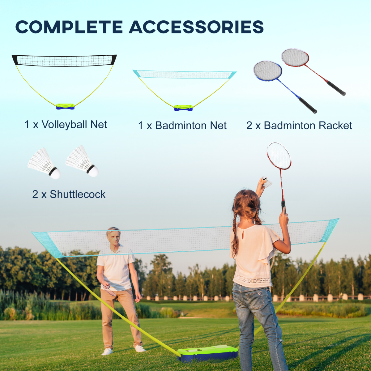 SPORTNOW Portable Badminton & Volleyball Net Set, Rackets, Shuttlecocks