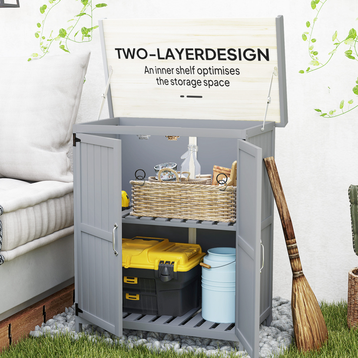 Outsunny Garden Storage Bench Workbench with Stainless Steel Top, Fir Wood, Hinged Roof and Double Doors, Grey