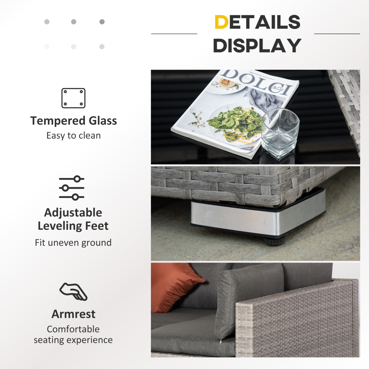 Outsunny 6-Seater Patio PE Rattan Sofa Set with Tempered Glass Coffee Table Grey