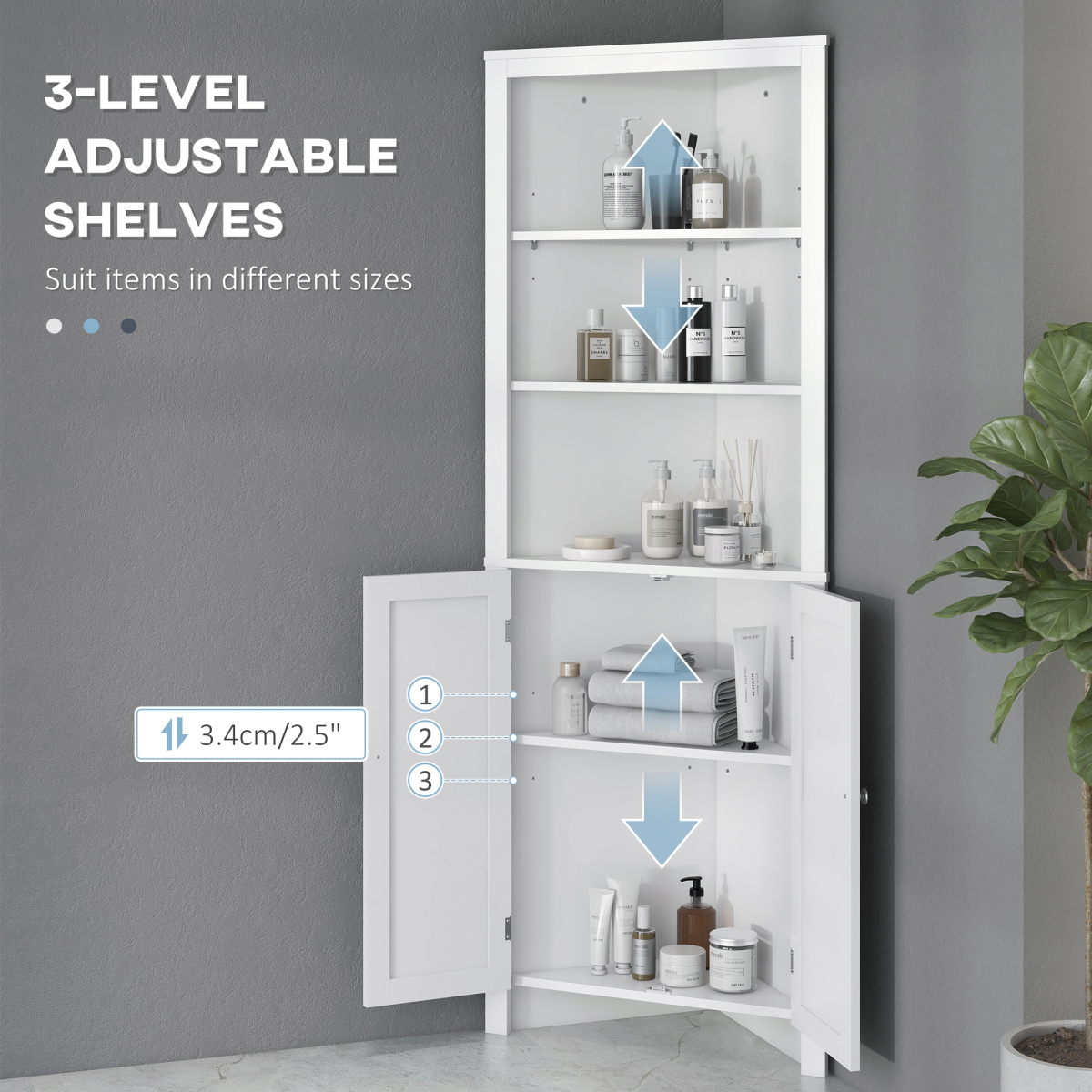 Freestanding Corner Bathroom Cabinet with Double Doors and Adjustable Shelves, White
