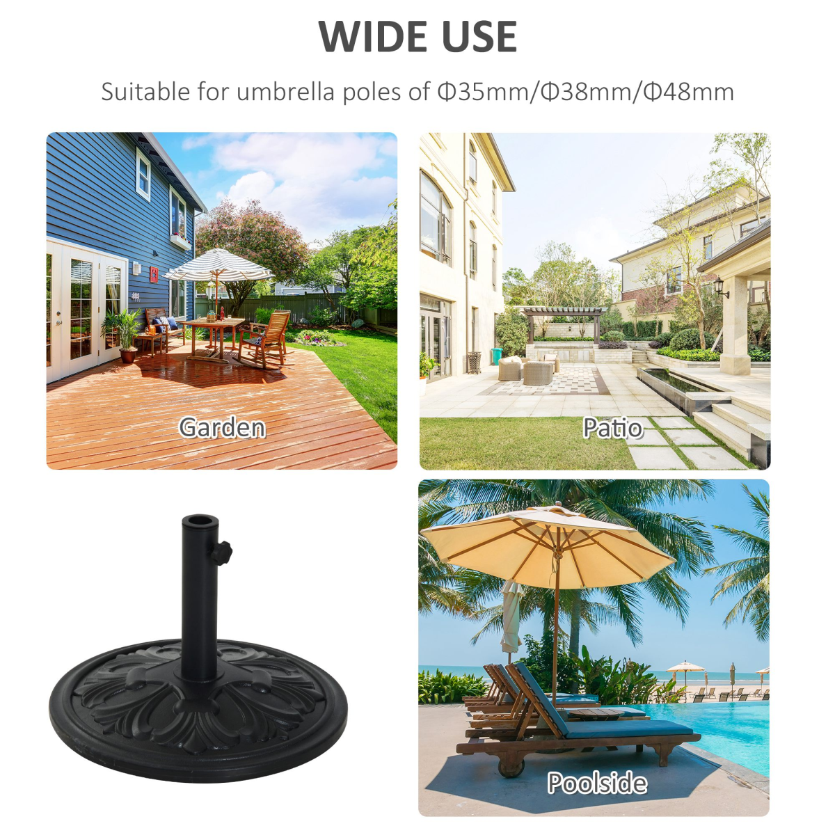 Outsunny 13kg Heavy Duty Parasol Base, Black, Fits 35-48mm Poles